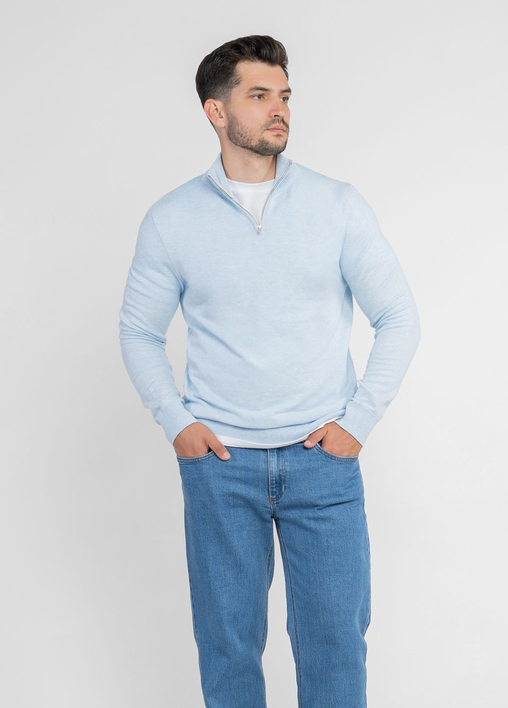 Блакитний зимовий светр чоловічий блакитний пуловер Arber Zipper-neck AM