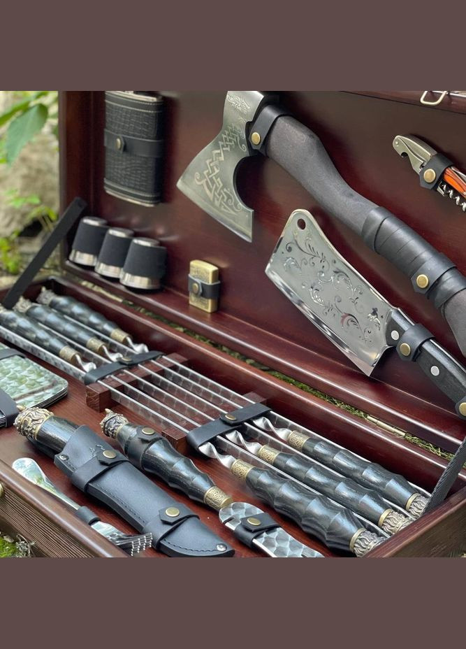 Ексклюзивний набір шампурів ВІКІНГ в дерев'яній коробці з нержавіючої сталі 6 шт. 74х39х14 см Gorillas BBQ (322340280)