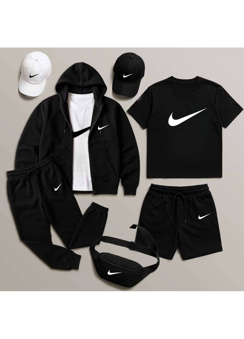 Чорний комплект 6 в 1 nike :кепка,зіппер,штани,шорти,футболка,сумка Україна