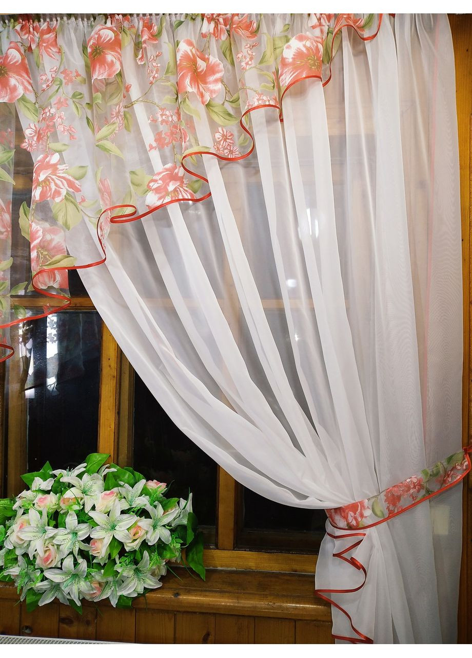 Фіранка кухонна готова коротка Анжеліка біла яблуневий цвіт коралл права No Brand (372133834)