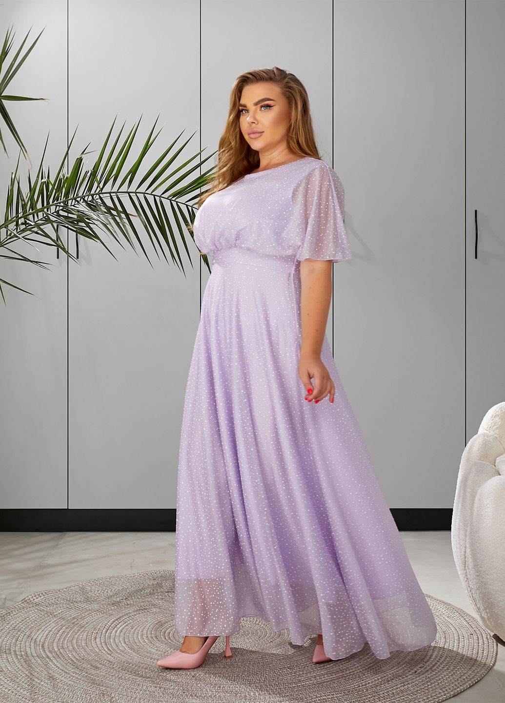 Лавандова святковий шифонова сукня максі з глітером дзвін No Brand однотонна