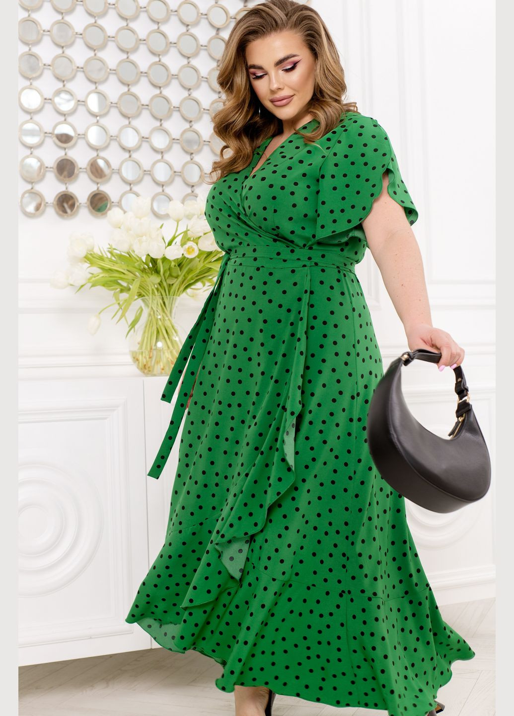 Зеленое повседневный платье в горошек на запах No Brand в горошек
