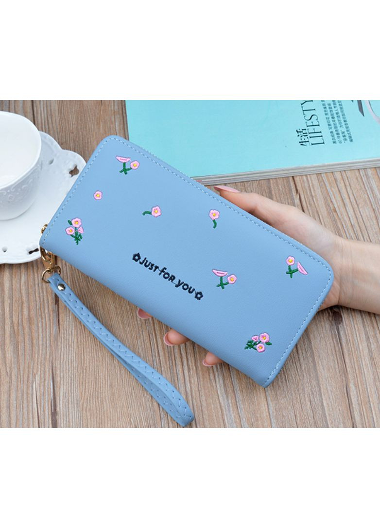 Жіночий гаманець клатч з вишивкою квітів на блискавці екокожа блакитний No Brand (351536607)