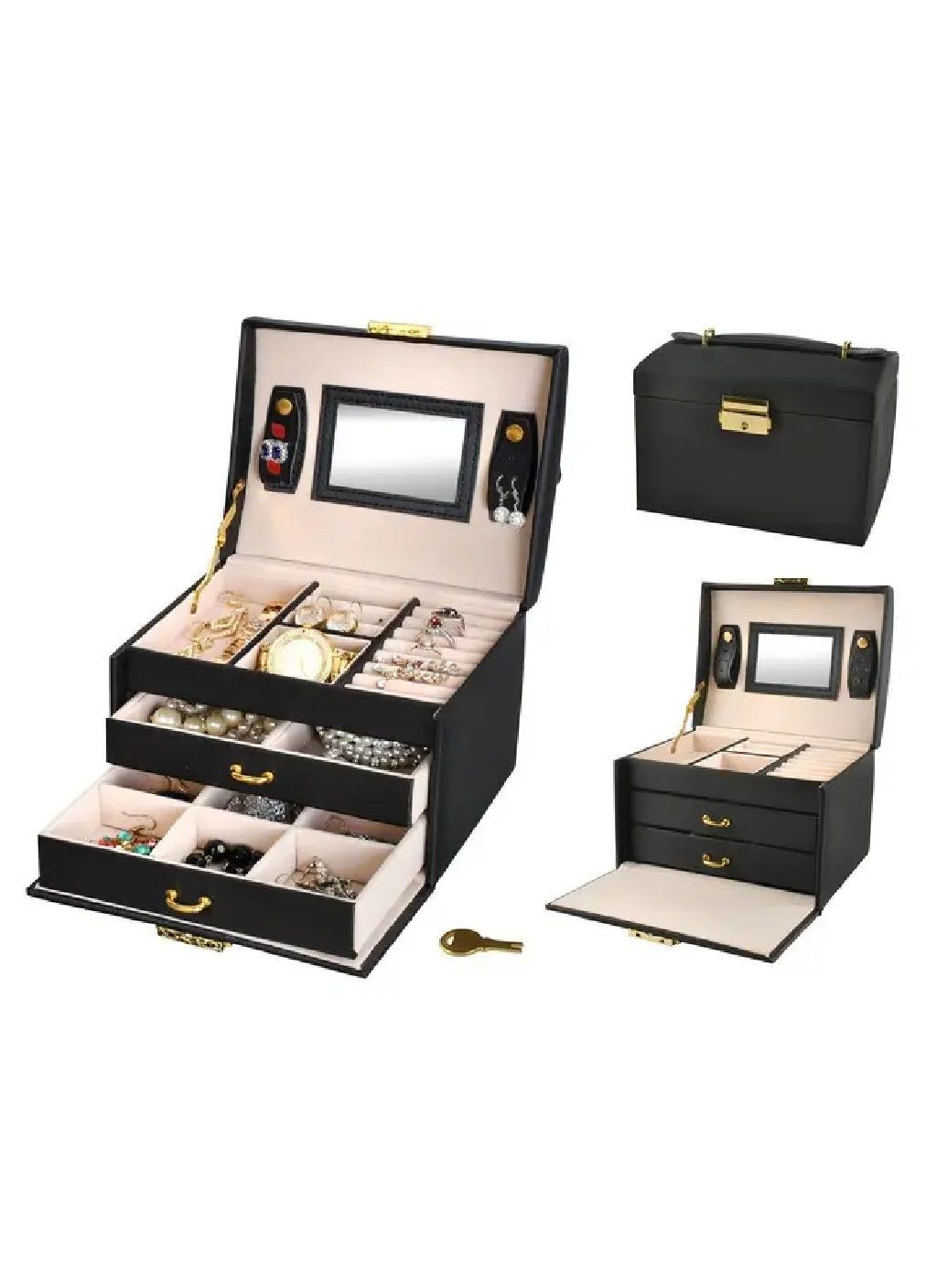 Шкатулка футляр ящик короб бокс органайзер для украшений драгоценностей с ключом 17,5х13,8х13,5 см (476654-Prob) Черная Unbranded (286761674)