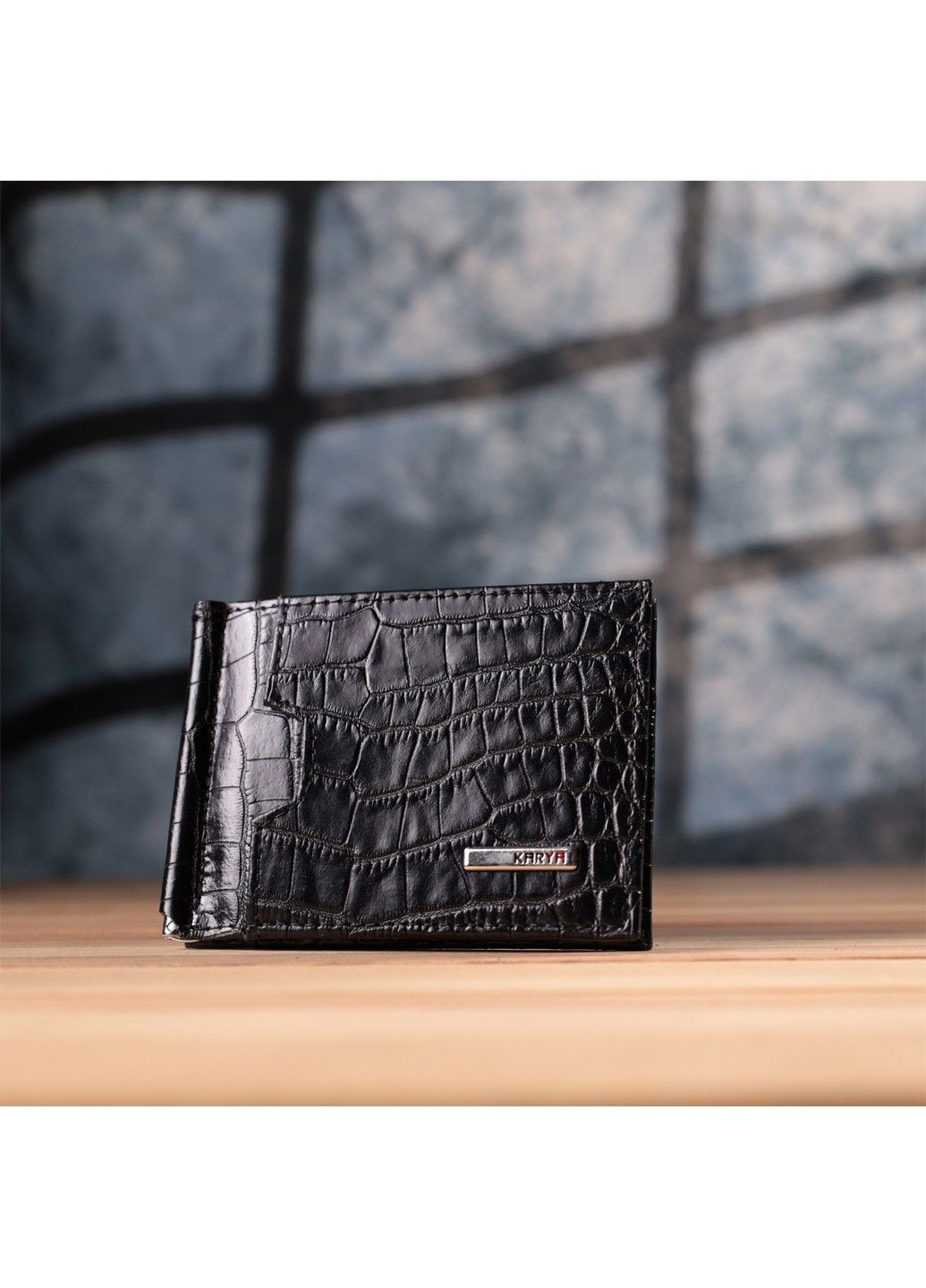 Зручний чоловічий затиск із натуральної фактурної шкіри під крокодила 22886 Чорний Karya (317254190)