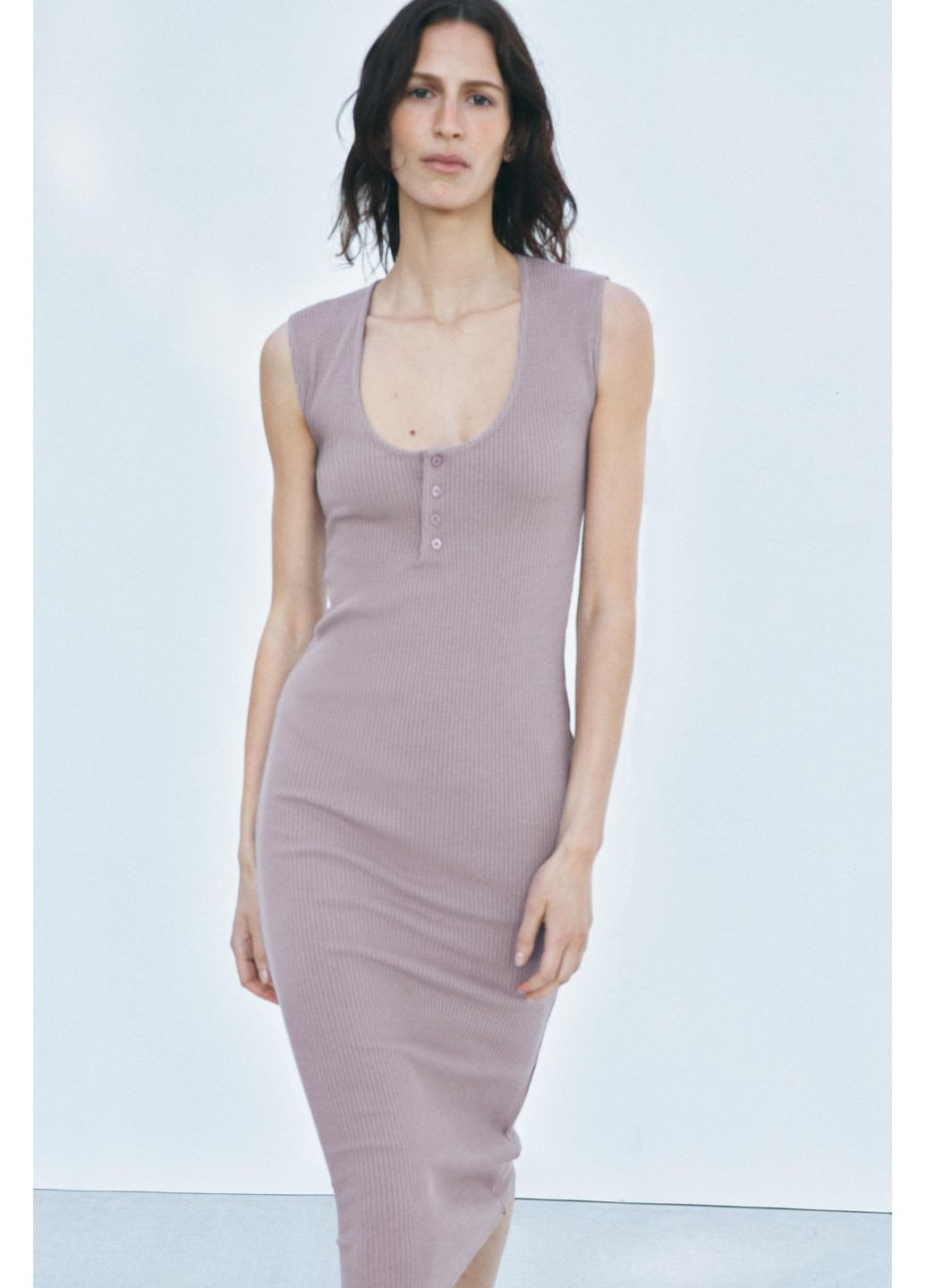 Сиреневое рубчатое платье средней длины с пуговицами Zara