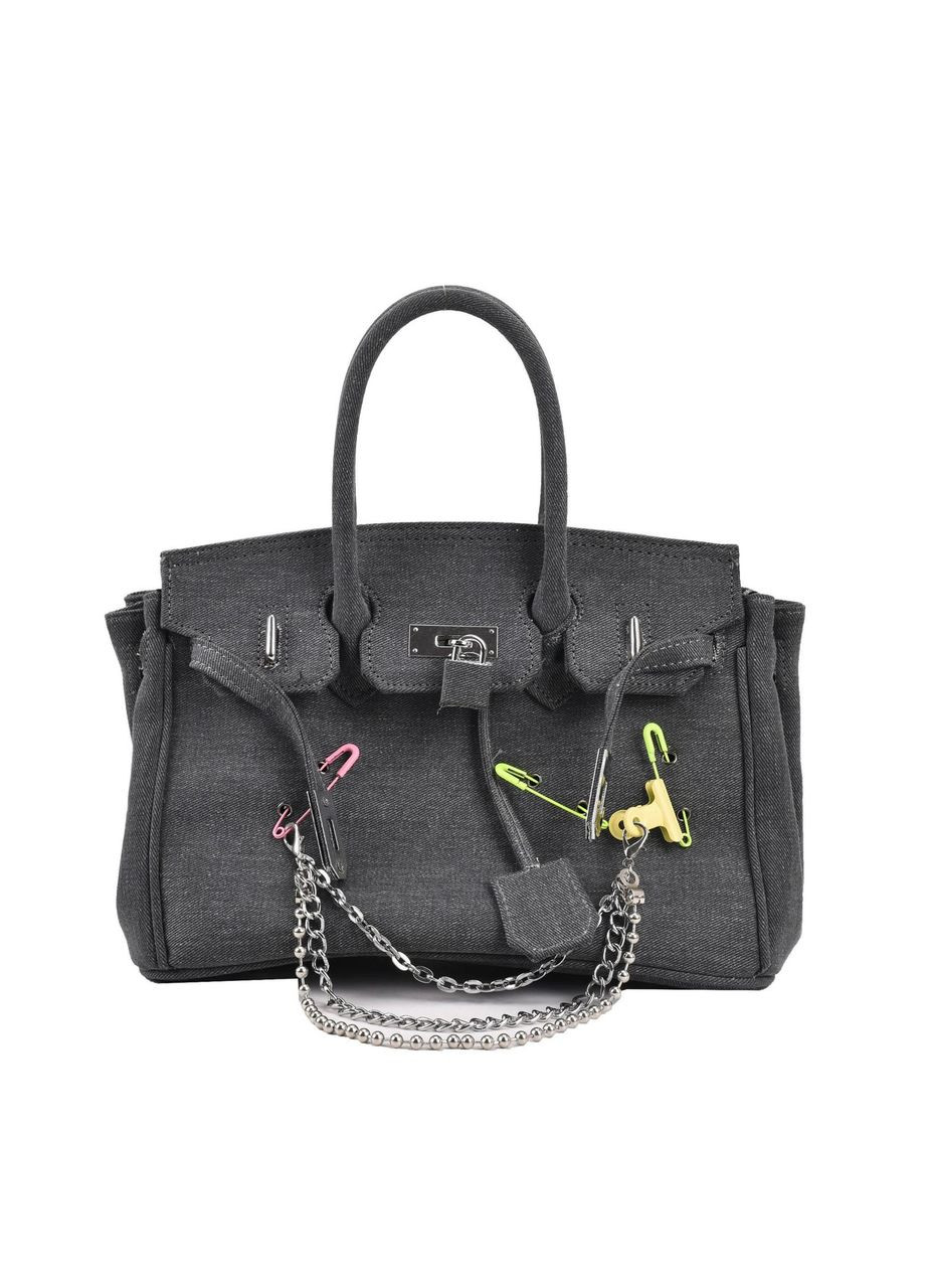Сумка-тоут з темно-сірого деніму з яскравими скріпками No Brand (362588217)
