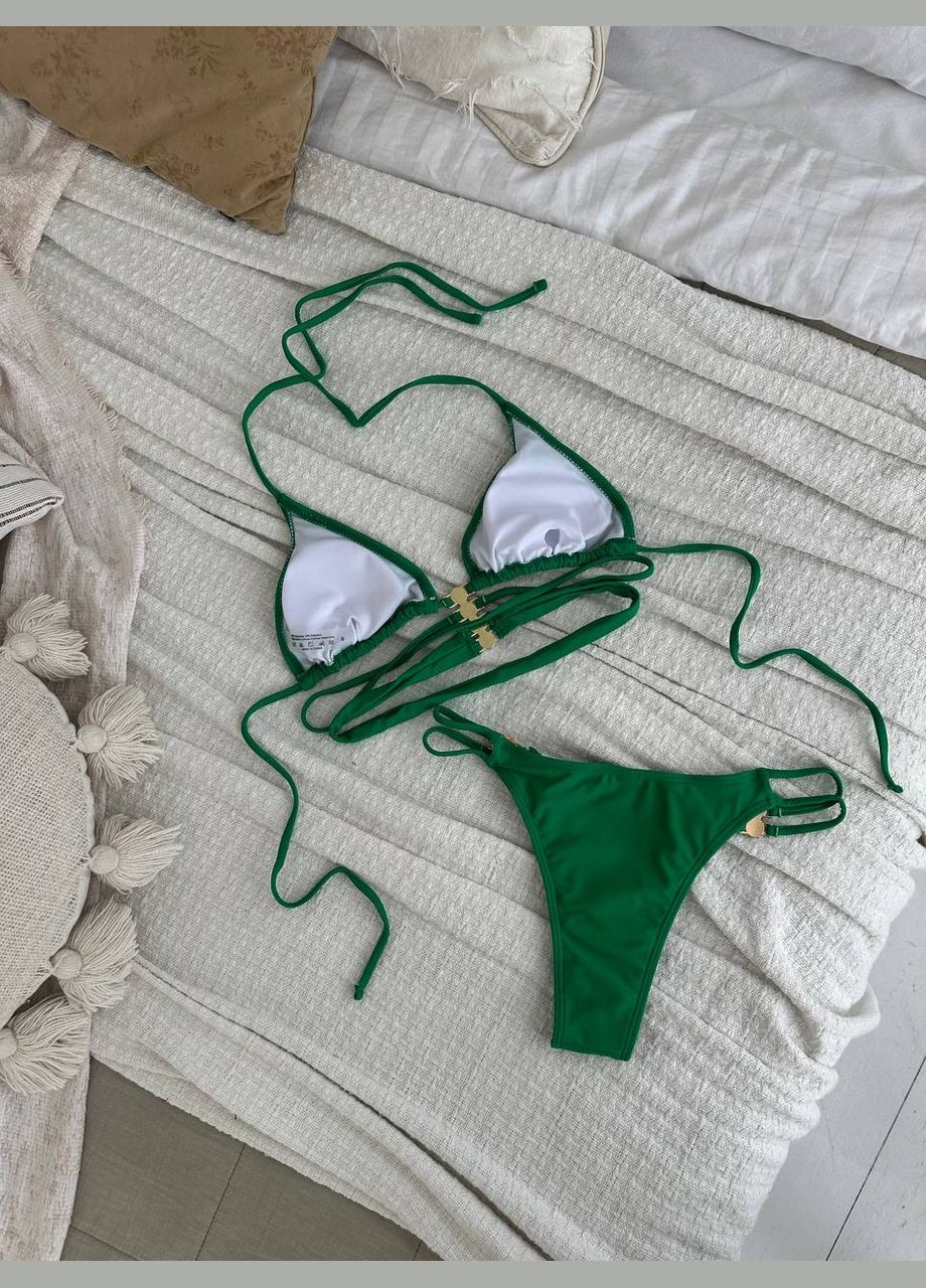 Зеленый летний эффектный купальник с декоративными жемчужинами раздельный No Brand