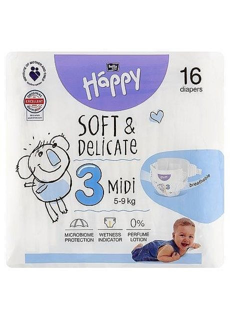 Детские подгузники 5-9 кг, размер 3 Midi, 16 шт. Happy Soft & Delicate 16шт (1274106-31339088) Bella Baby (365821711)