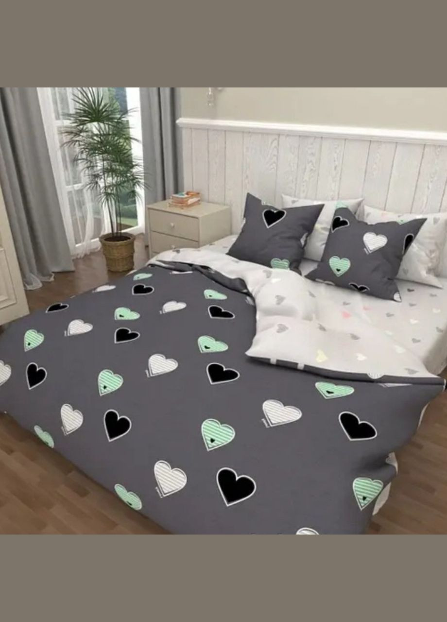 Постільна білизна двоспальна на резинці сіра Сердечка Бязь Голд 143057 Ananasko (321973551)