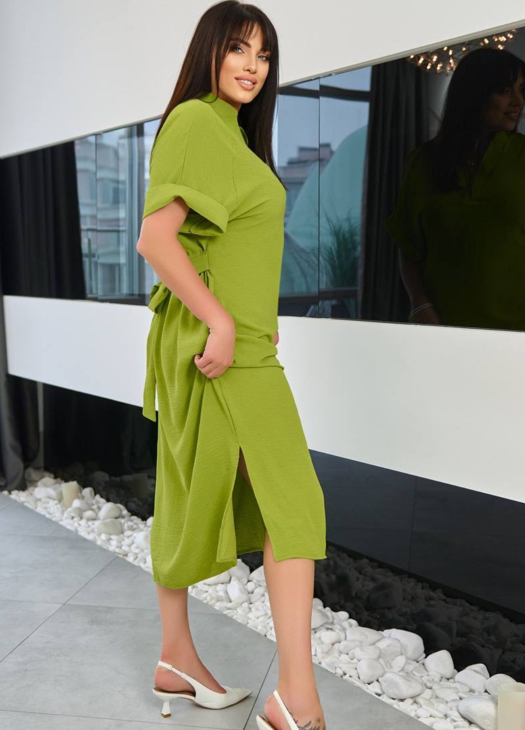 Зелена повсякденний однотонна сукня з v-образним вирізом сорочка No Brand однотонна