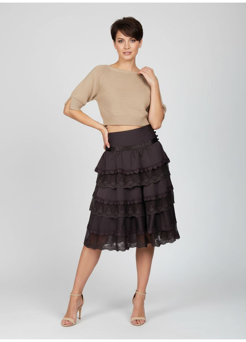 Коричневая вечерний юбка миди атласная с кружевами m-15-1 черный No Brand