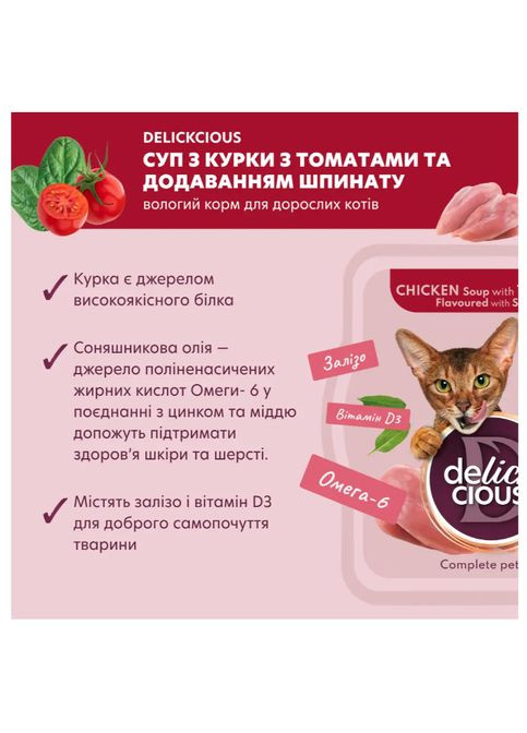 Суп для котів з м'ясом курки, томатами та шпинатом 80 г D6251301 Delickcious (328450971)