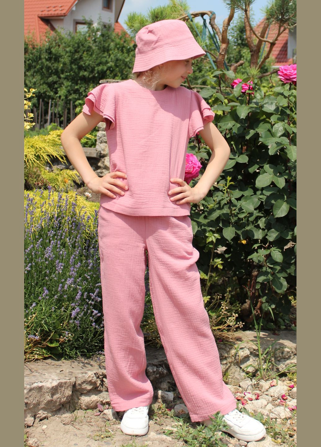 Пудровый летний костюм муслиновый "марта" (пыльная роза) брючный No Brand