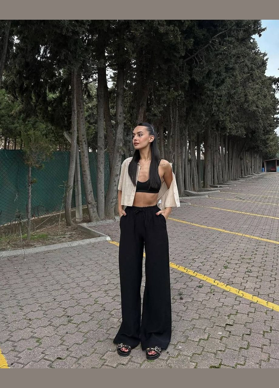 Женские летние льняные свободные брюки брюки палаццо коричневые бежевые черные лен жатка No Brand (327890503)