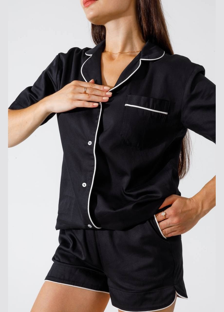 Чорна піжама з бавовни, шорти + рубашка, чорна Shine
