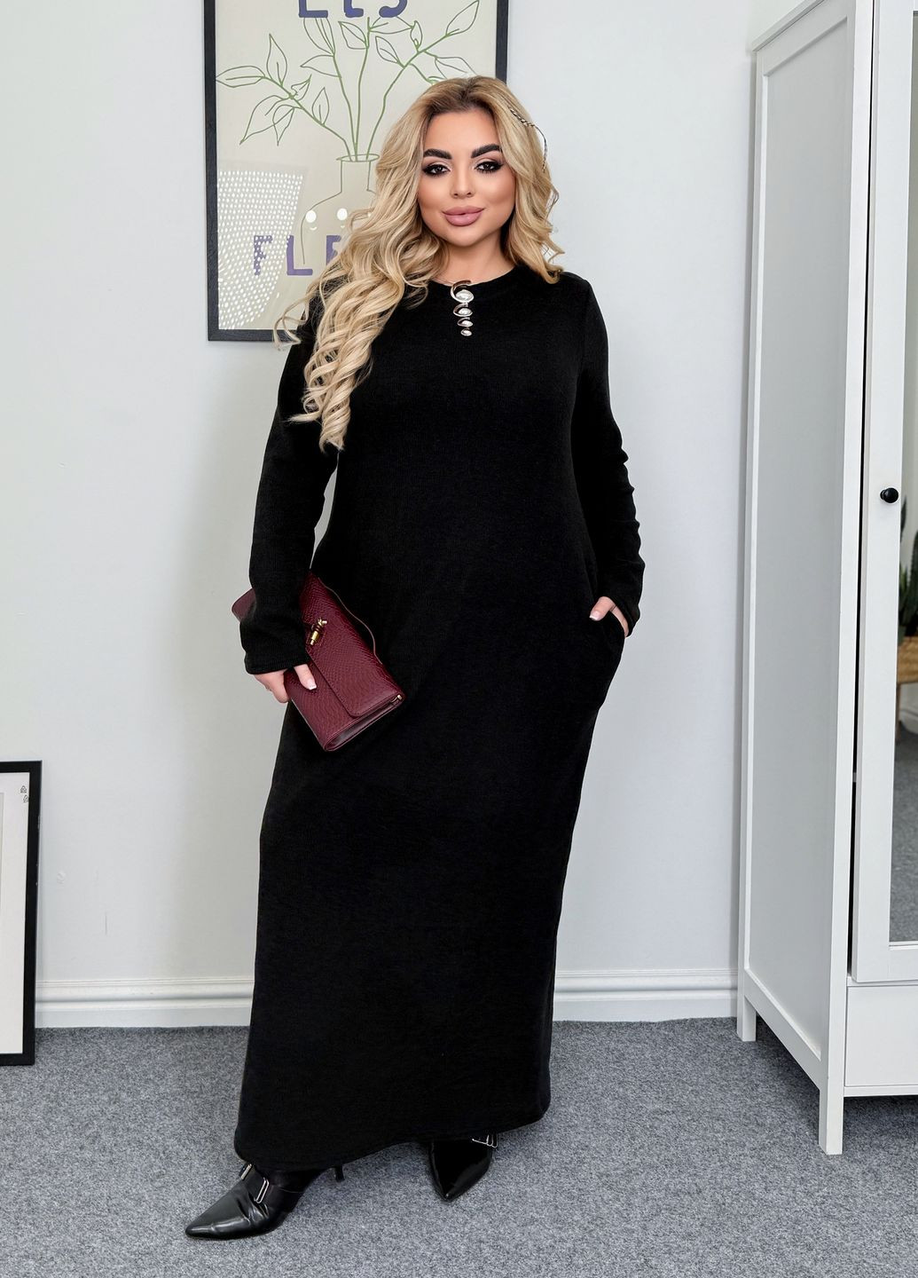 Чорна повсякденний, кежуал сукня максі з довгими рукавами демісезонна з ангори в рубчик оверсайз, а-силует No Brand однотонна