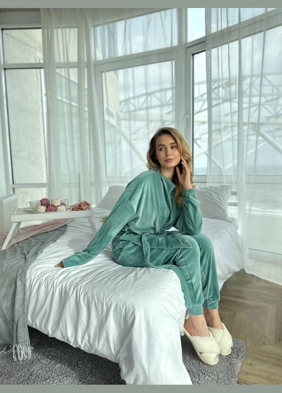 Оливкова всесезон комплект велюровий - халат,футболка,шорти,штани футболка + шорти + брюки Україна