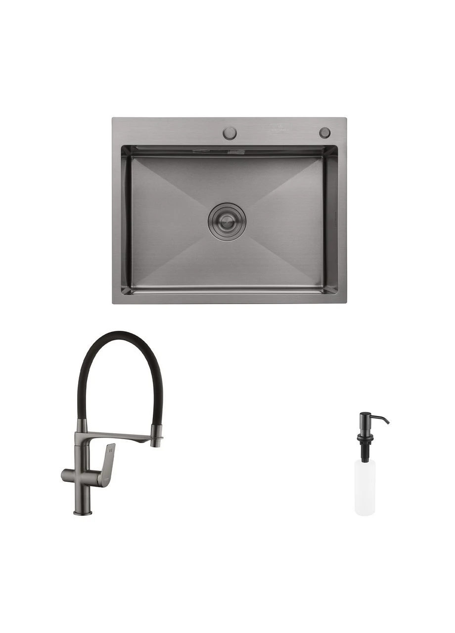 Комплект кухонная мойка Schwarze-6350HM PVD + смеситель Graz-GRP03815 + дозатор Spender-SCH049 Kroner (392907478)