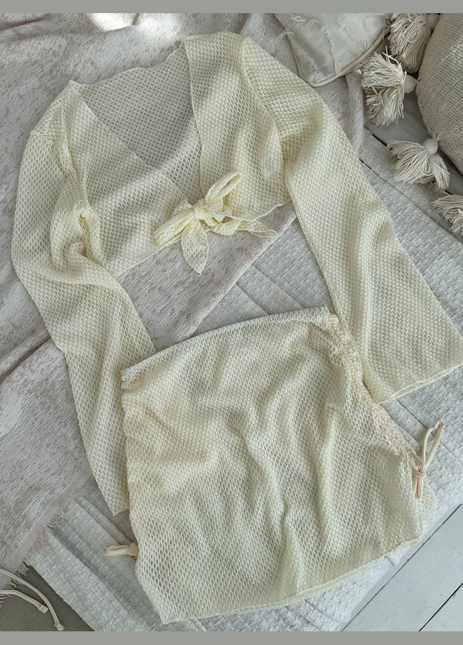 Молочний літній неймовірний купальний комплект з топом на завʼязках та спідничкою роздільний Vakko