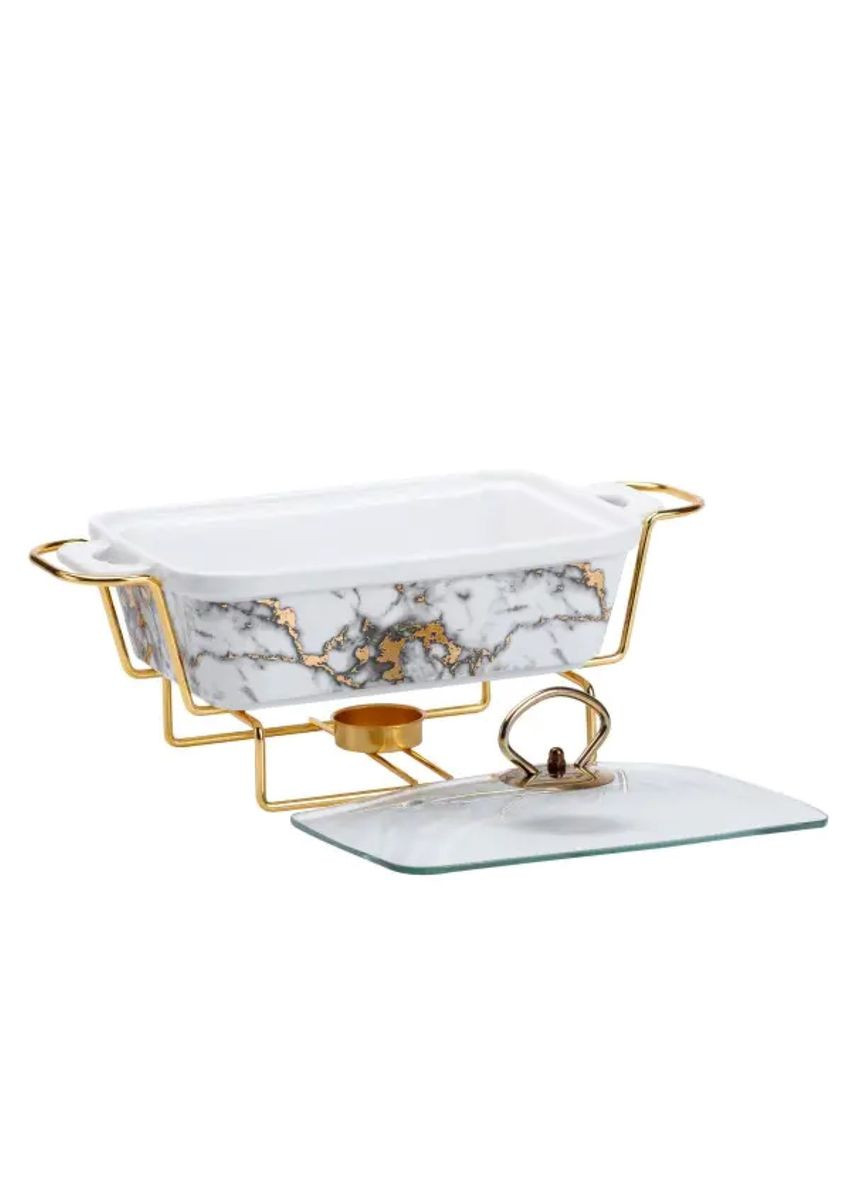 Марміт порцеляновий 1 л зі скляною кришкою та підставкою з підігрівом для подачі гарячих страв сервірувальний контейнер ProDobro (364189373)