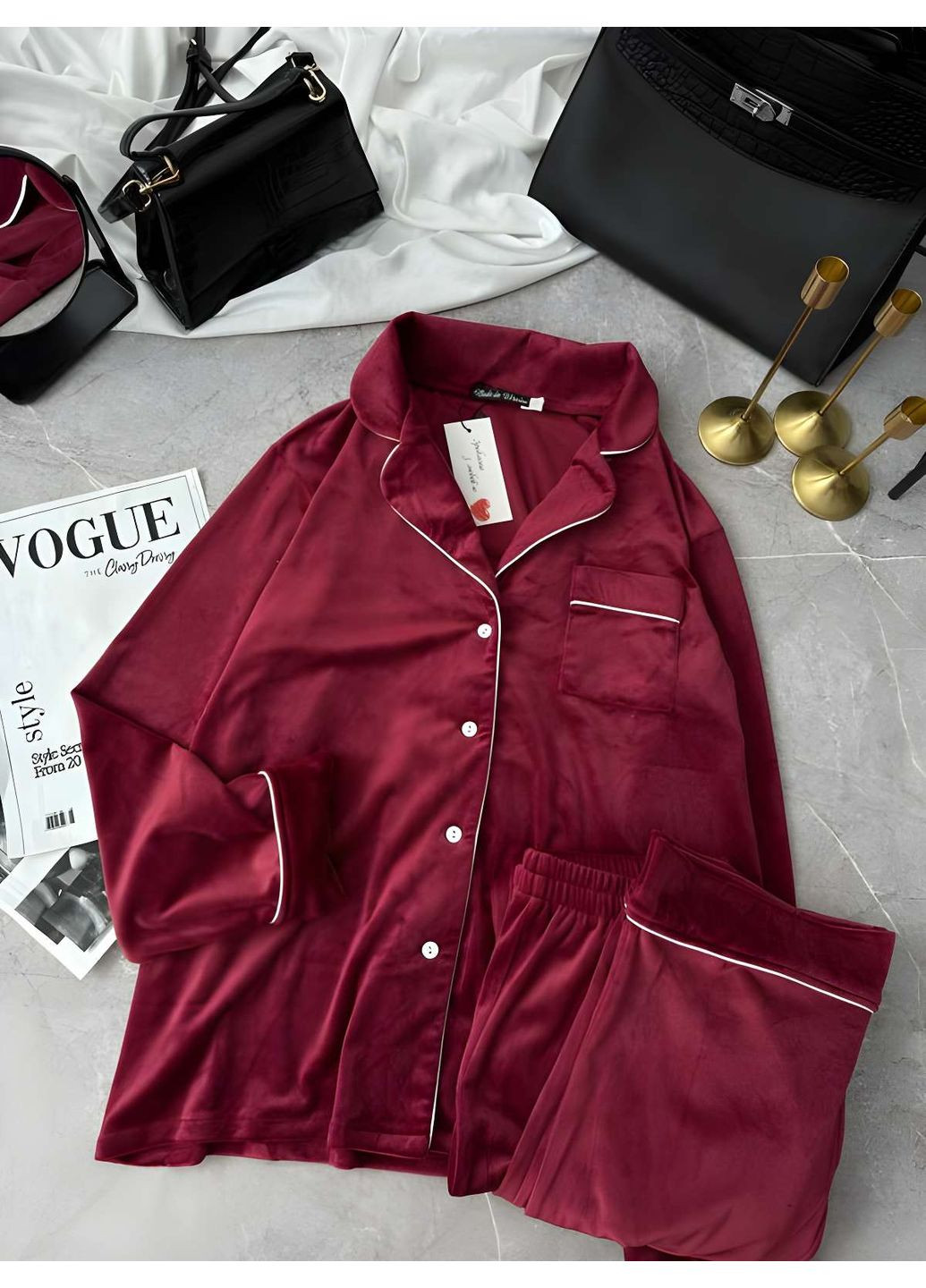 Бордова зимня жіноча брючна велюрова піжама з кантом: сорочка на гудзиках і прямі штани синя Україна