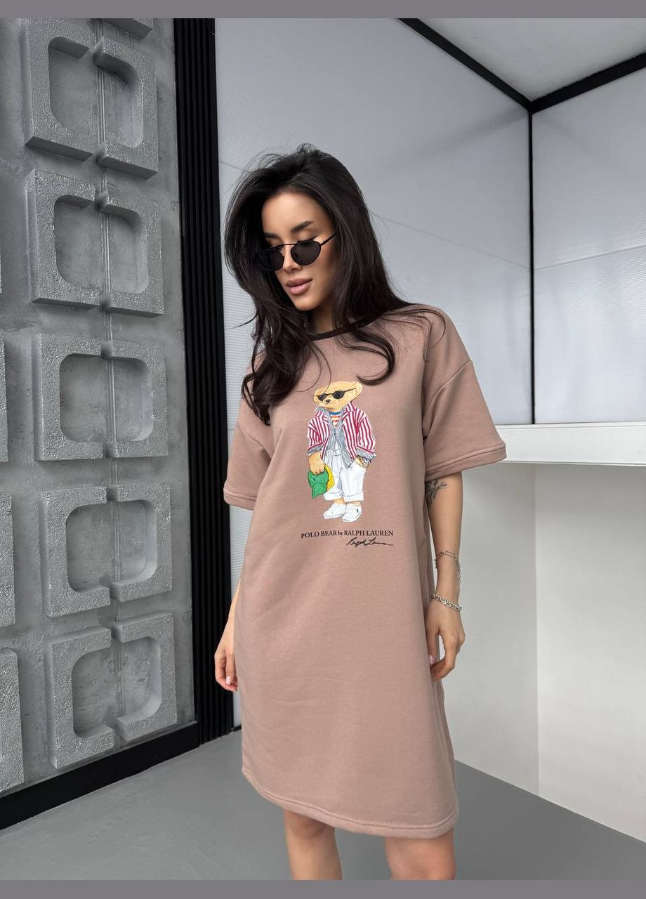 Бежевое спортивное, повседневный, кэжуал, вечернее женское платье-футболка платье-футболка No Brand с рисунком