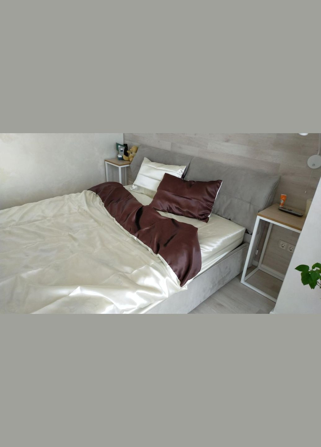 Атласне шоколадно-Біле двоспальна постільна білизна 175*210 Moka textile (316632903)