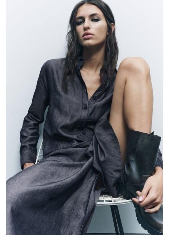 Синя сукня new міді з льоном та ліоцелем на ґудзиках плаття сорочка кльош Zara