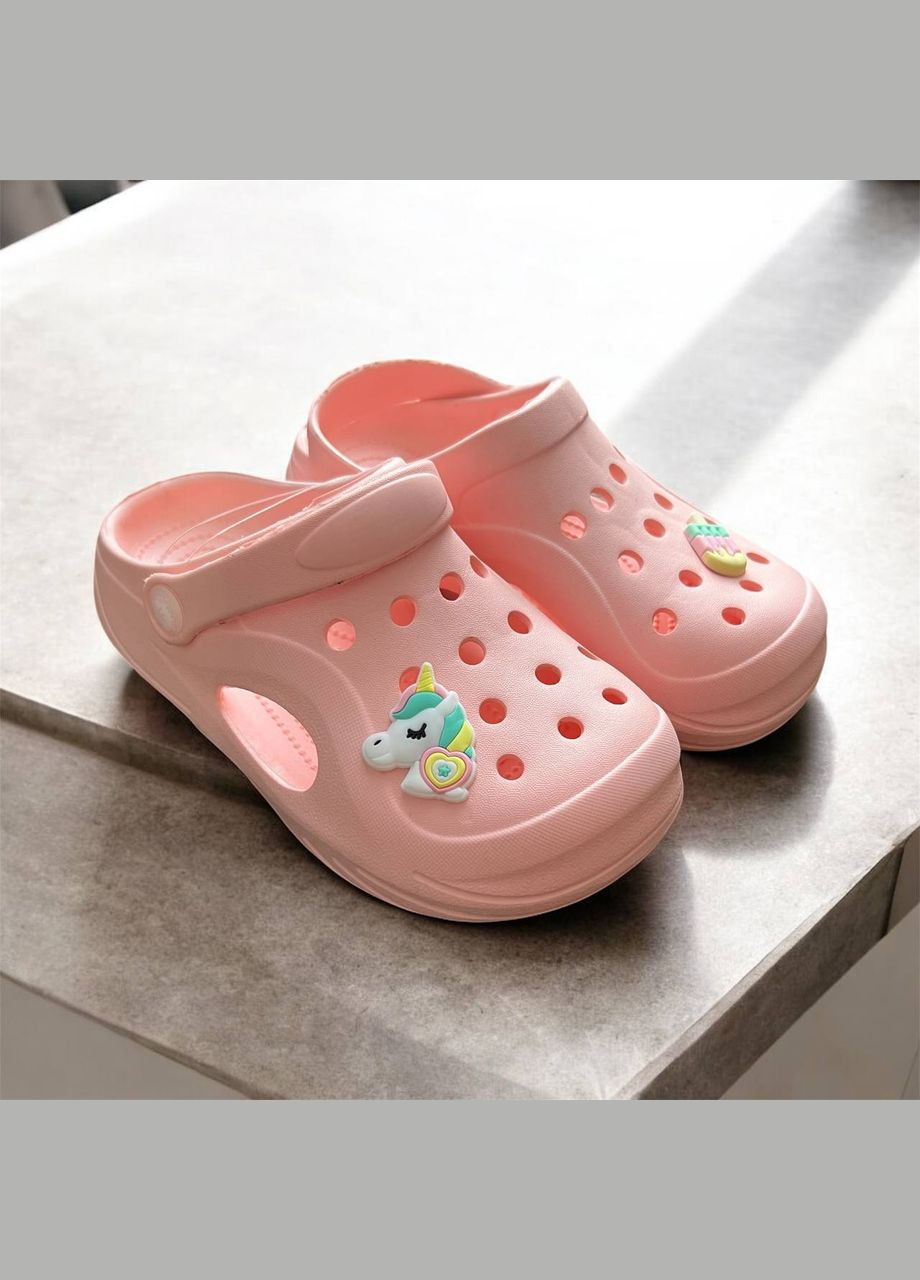 Светло-розовые кроксы, сабо розовые с единорогом, для девочки Fogo