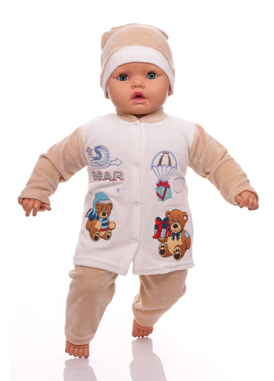 Бежевий зимній костюм з довгим рукавом для хлопчика велюровий з ведмедиками бежевий 68 см (26608) BABYKROHA