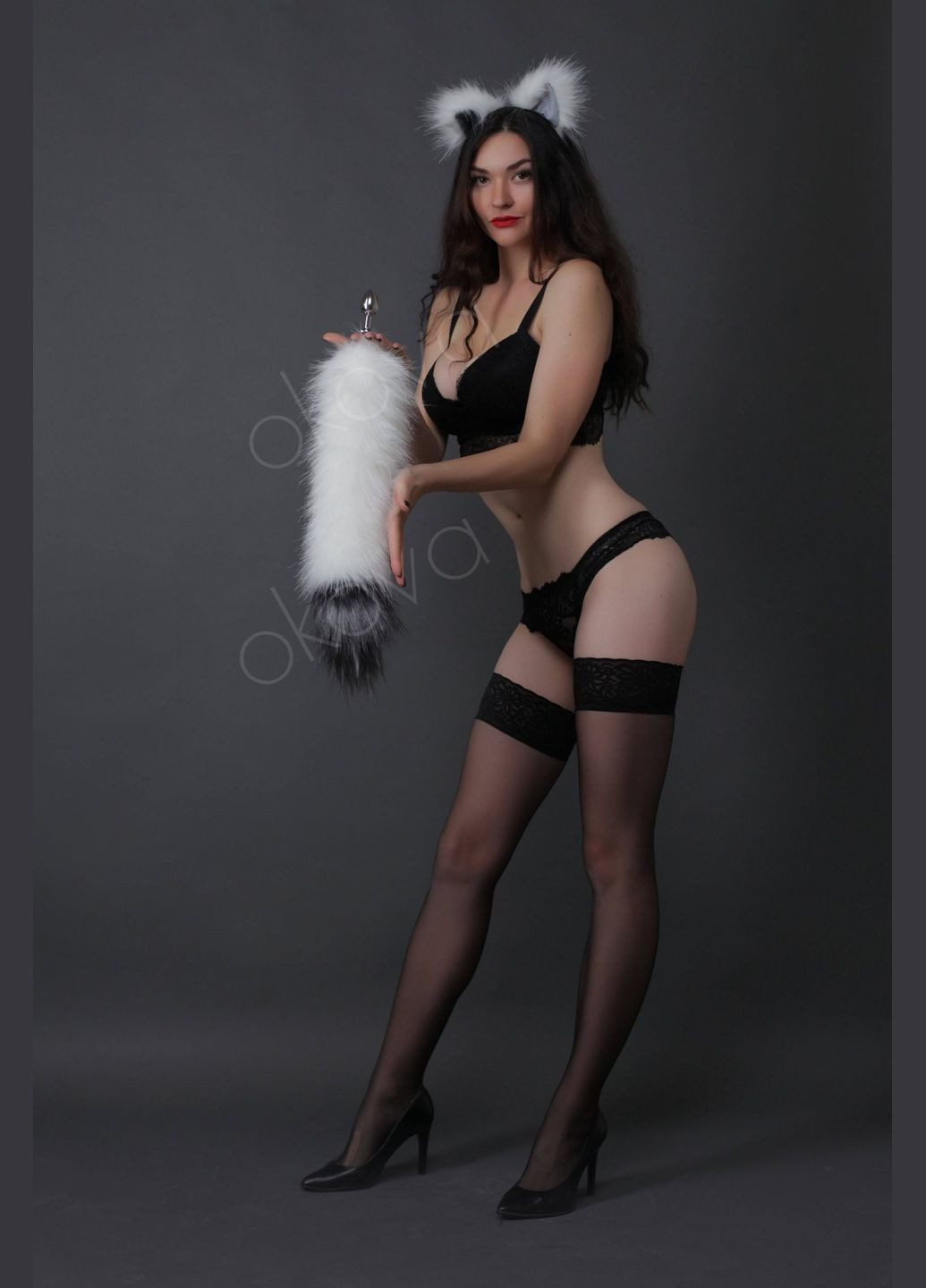 Анальный меховой хвост без пробки, Белый с чернобурым кончиком, 50 см. OKOVA (315149281)