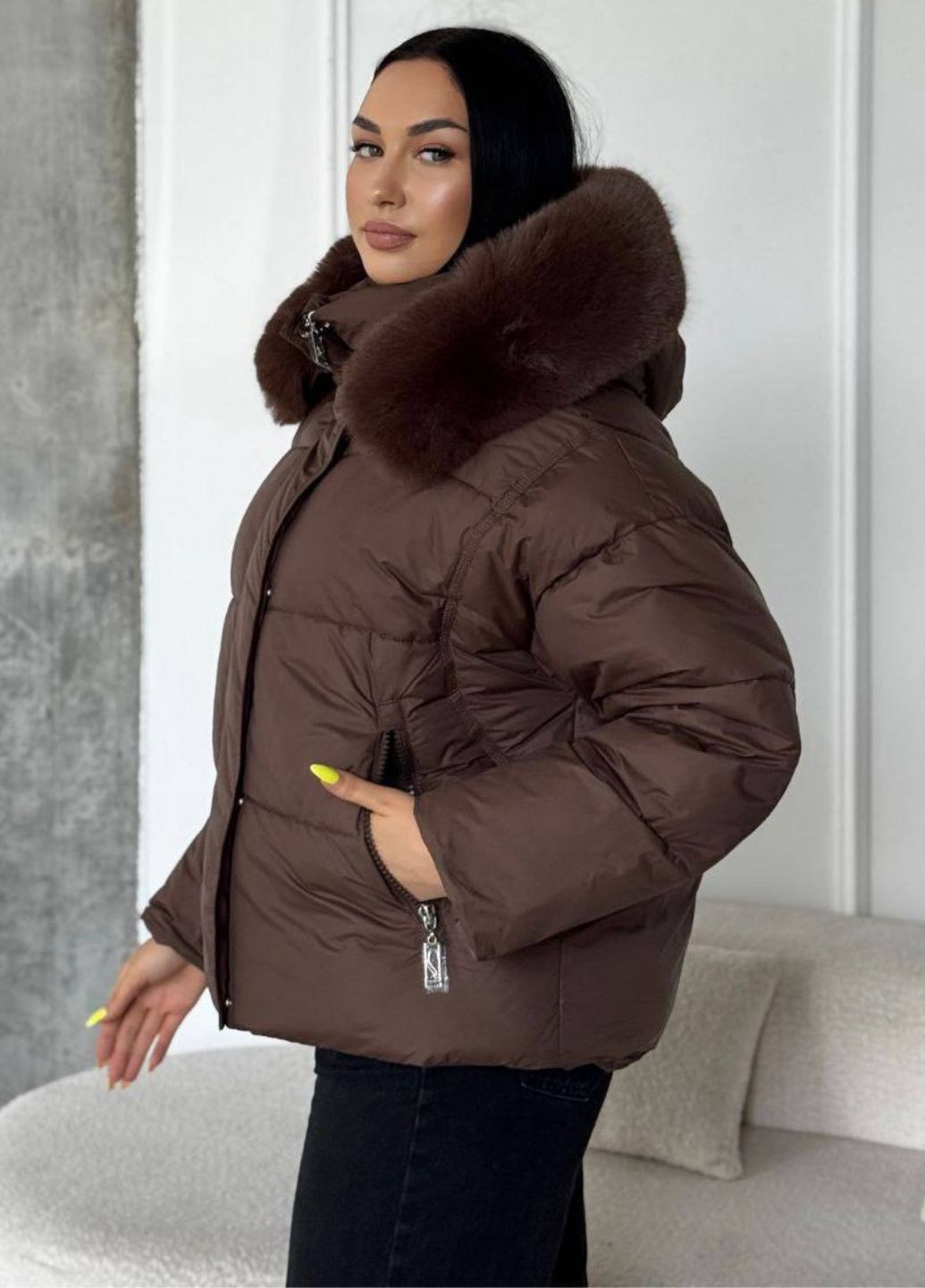Коричнева зимня зимова повсякденна стьобана курточка на блискавці з кнопками, зйомним капюшоном та затяжками Tik-Tak