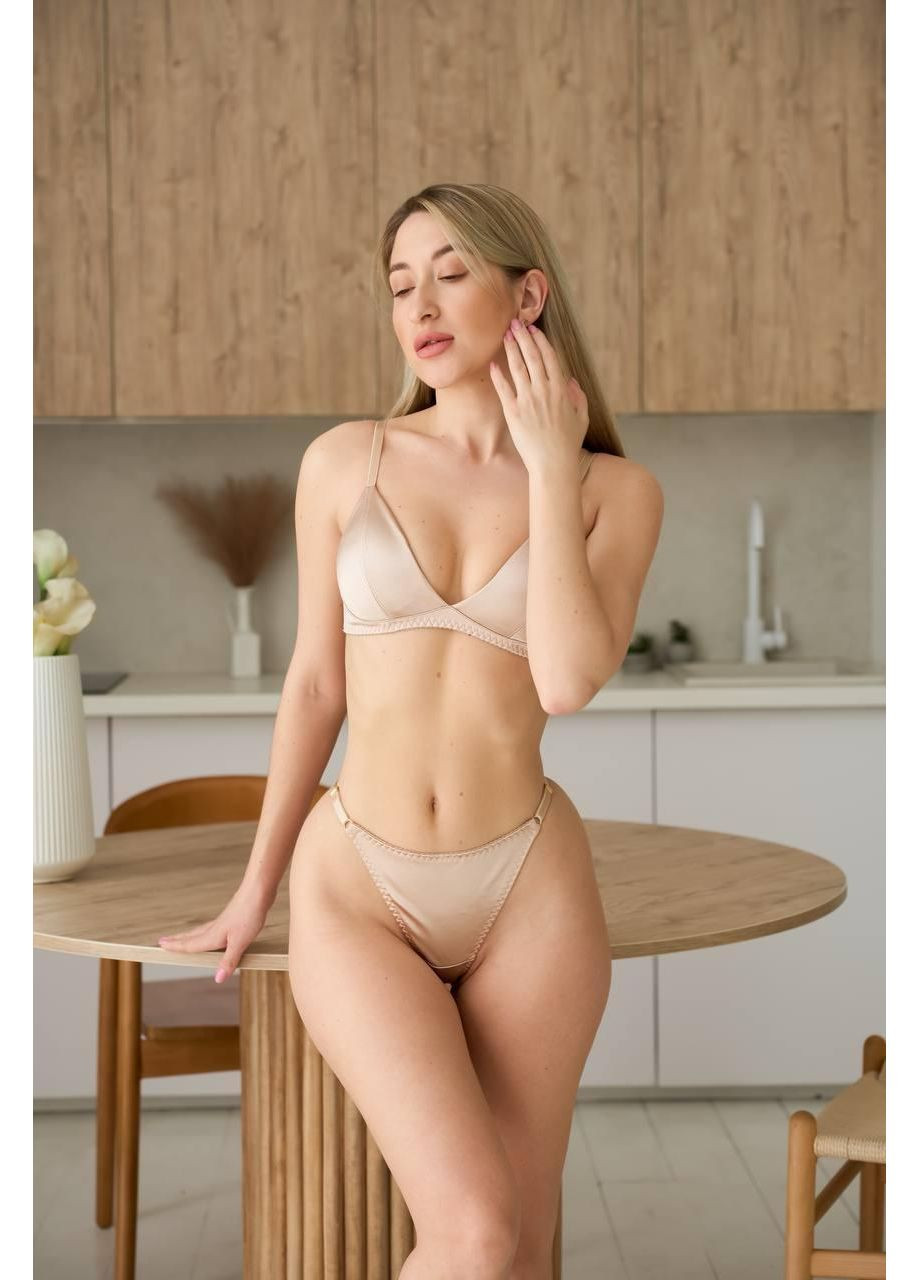 Бежевий демісезонний комплект жіночої білизни атласний нюдовий / ніжний комплект білизни з сатину / базовий комплект білизни бежевого кольору No Brand