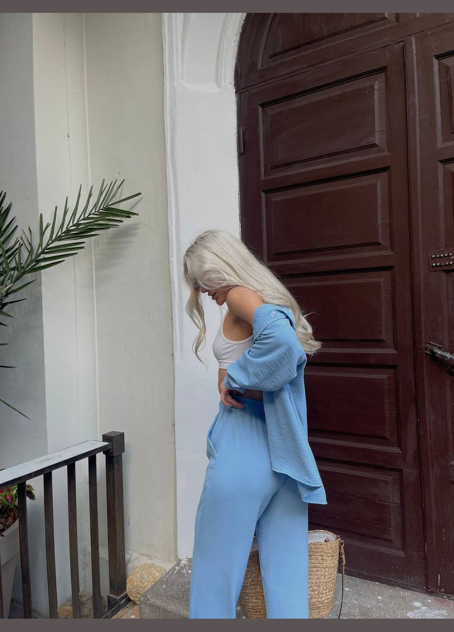 Жіночий блакитний літній базовий костюм сорочка оверсайз та штани легкий стильний якісний жатка No Brand костюм (293337358)
