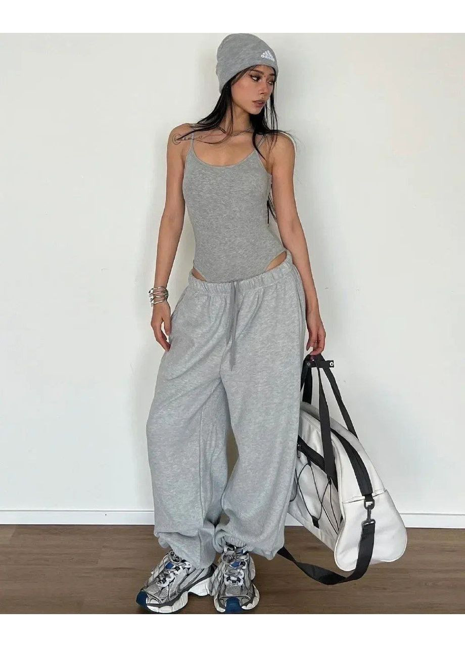 Жіночі широкі спортивні штани оверсайз на затяжках, колір сірий No Brand (361155168)