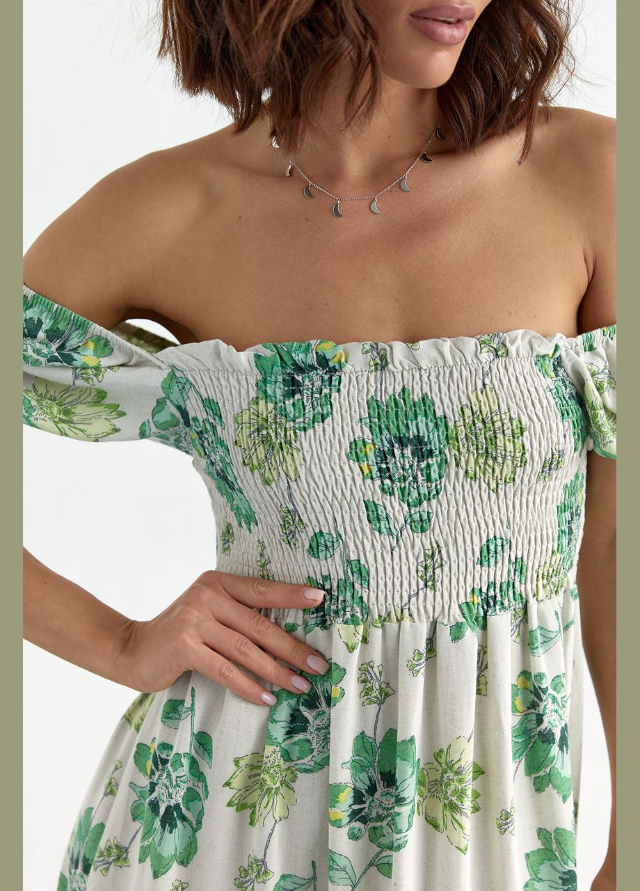 Зелена повсякденний літнє плаття в квітковий візерунок з відкритими плечима 6336 Lurex з квітковим принтом