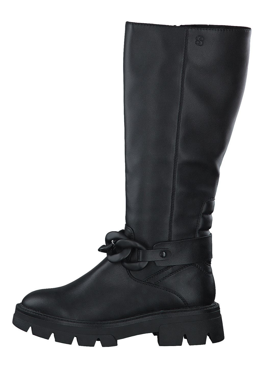 Осенние высокие черные сапоги на массивной подошве S.Oliver без декора, с цепочками