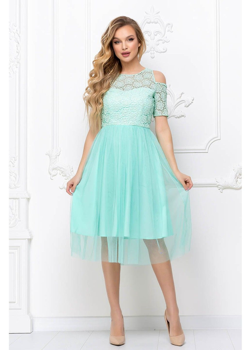 Бирюзовое коктейльное платье гипюр сетка 8064 мятное Tanita-Romario