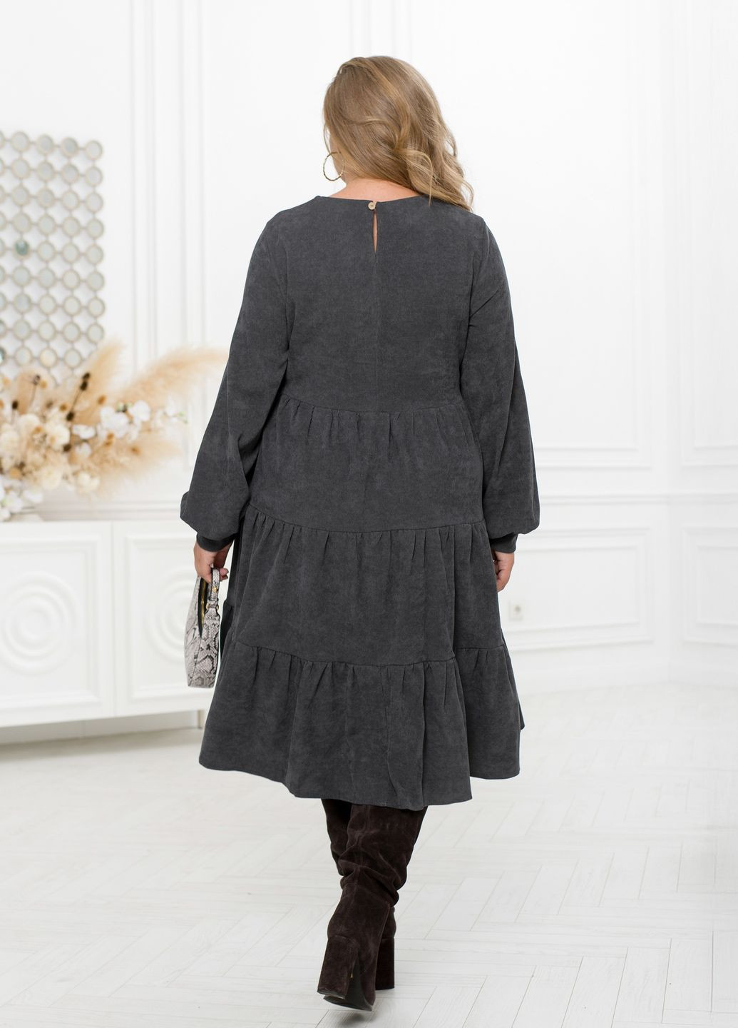 Графитовое повседневный, вечернее вельветовое платье миди а-силуэт свободного фасона с длинными рукавами колокол, клеш, а-силуэт No Brand однотонное