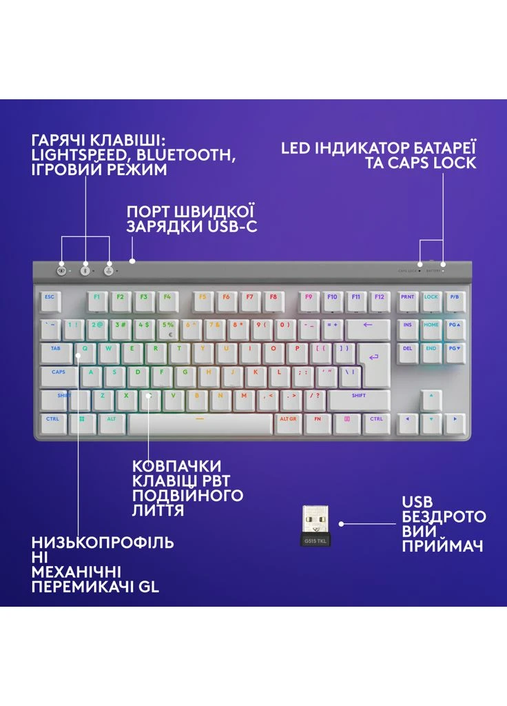 Клавіатура G515 TKL Lightspeed Tactile Bluetooth UA White (920-012539) Logitech (382076786)