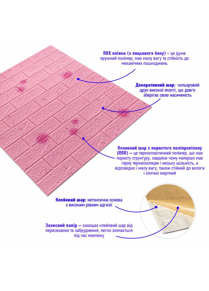 Декоративна 3D панель самоклейка 700х770х5мм Кульбабка (світло-рожевий цегла) (022) SW-00000023 Sticker Wall (370441048)
