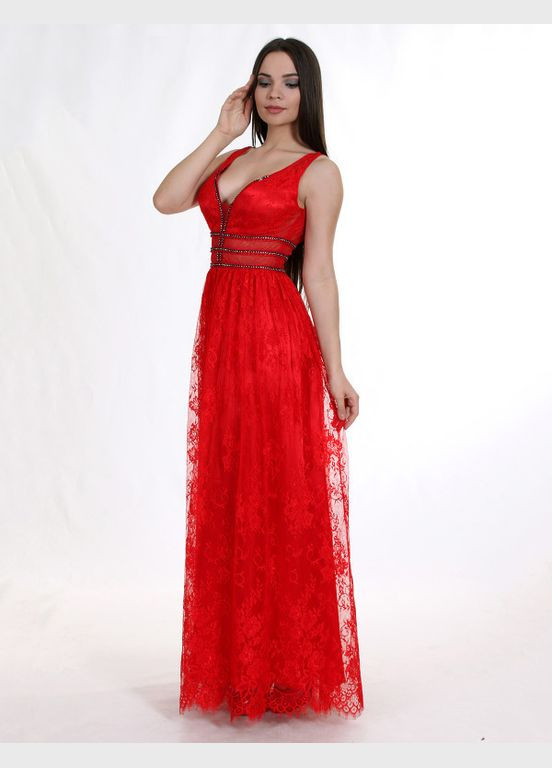 Червона жіноче вечірнє дизайнерське плаття довге в підлогу червоне з мереживами шантильї mkeng2086-2 Modna KAZKA