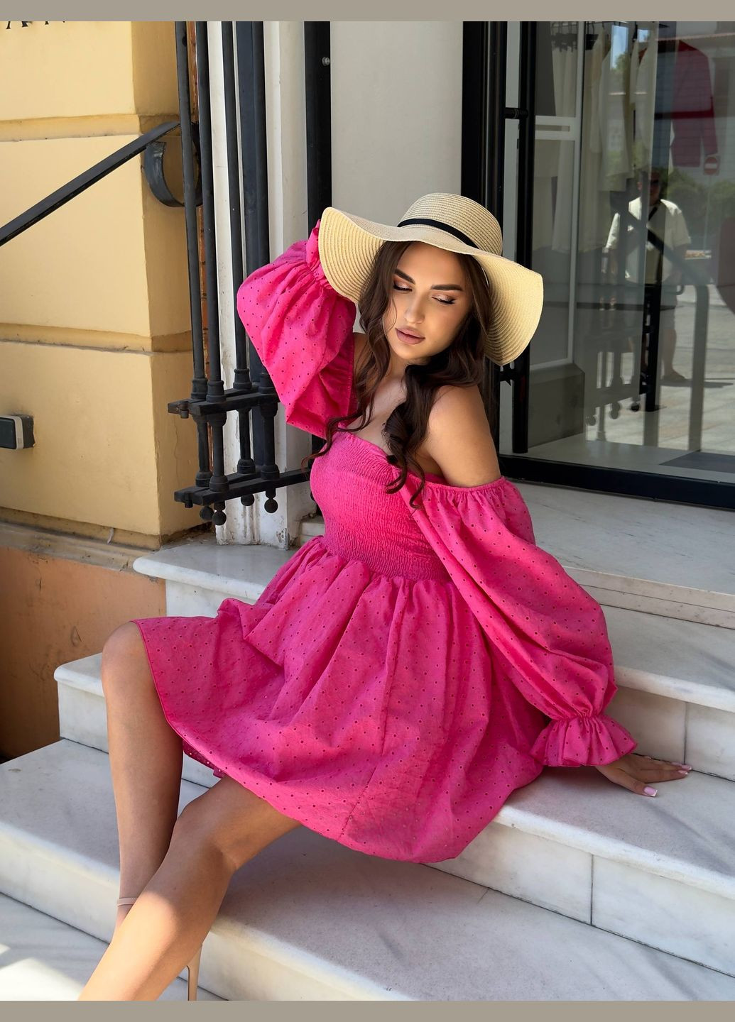 Малинова кежуал вишукана літня сукня з довгим рукавом з відкритими плечима Adelante однотонна