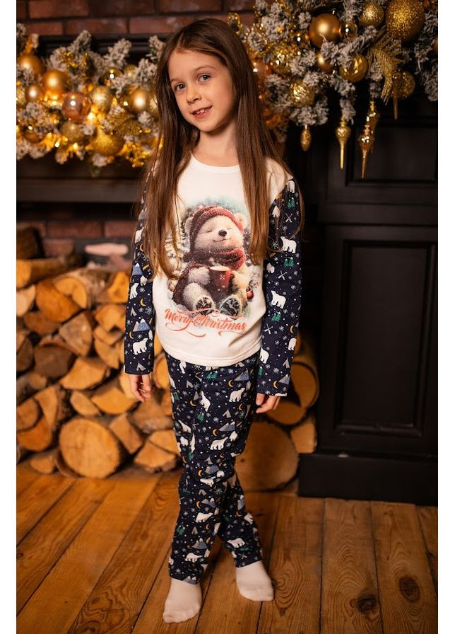 Синяя зимняя пижама детская "family look" (кофта и брюки) с новогодним принтом мишка hc (h001-6076-4) Носи своє