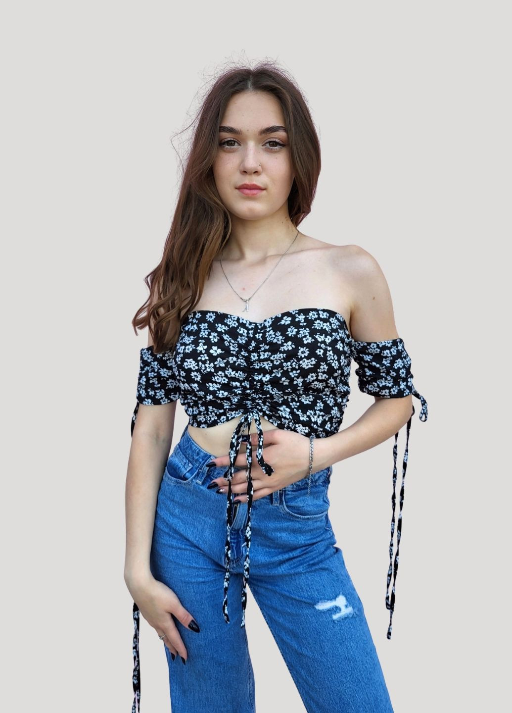 Топ жіночий у дрібні квіточки з відкритими плечима SHEIN (362357776)