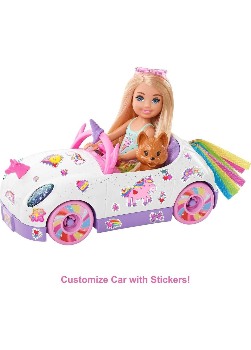 Кукла Барби на автомобиле в стиле Единорога Barbie Club Chelsea Doll with OpenTop Rainbow Unicorn-Themed Car Mattel (282964494)