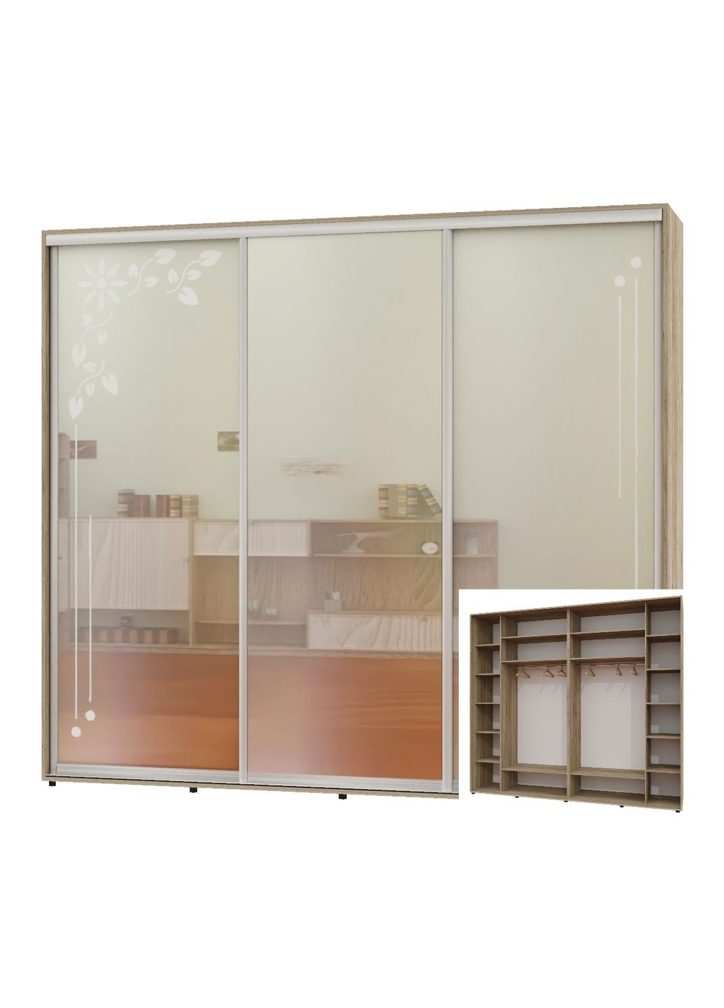 Шафа-купе тридверна 300*60*230 Дуб крафт сірий 2 Дзеркала з піскострумним малюнком/Дзеркало Люкс-149 Алекса (360449123)