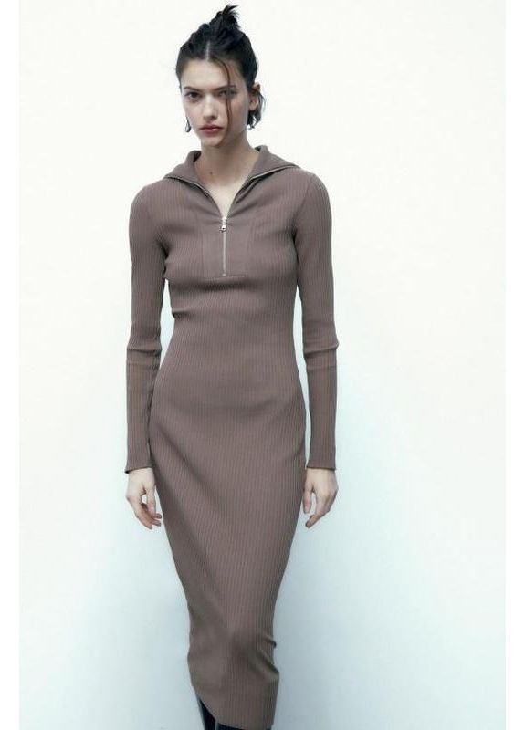 Коричневое платье в рубчик меди с молнией Zara