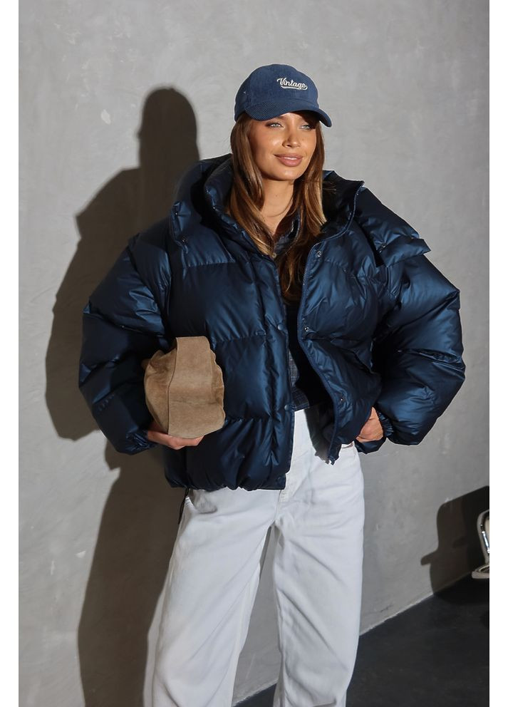 Темно-синяя зимняя женская теплая куртка transformer с карманами и капюшоном (mil588) milirud